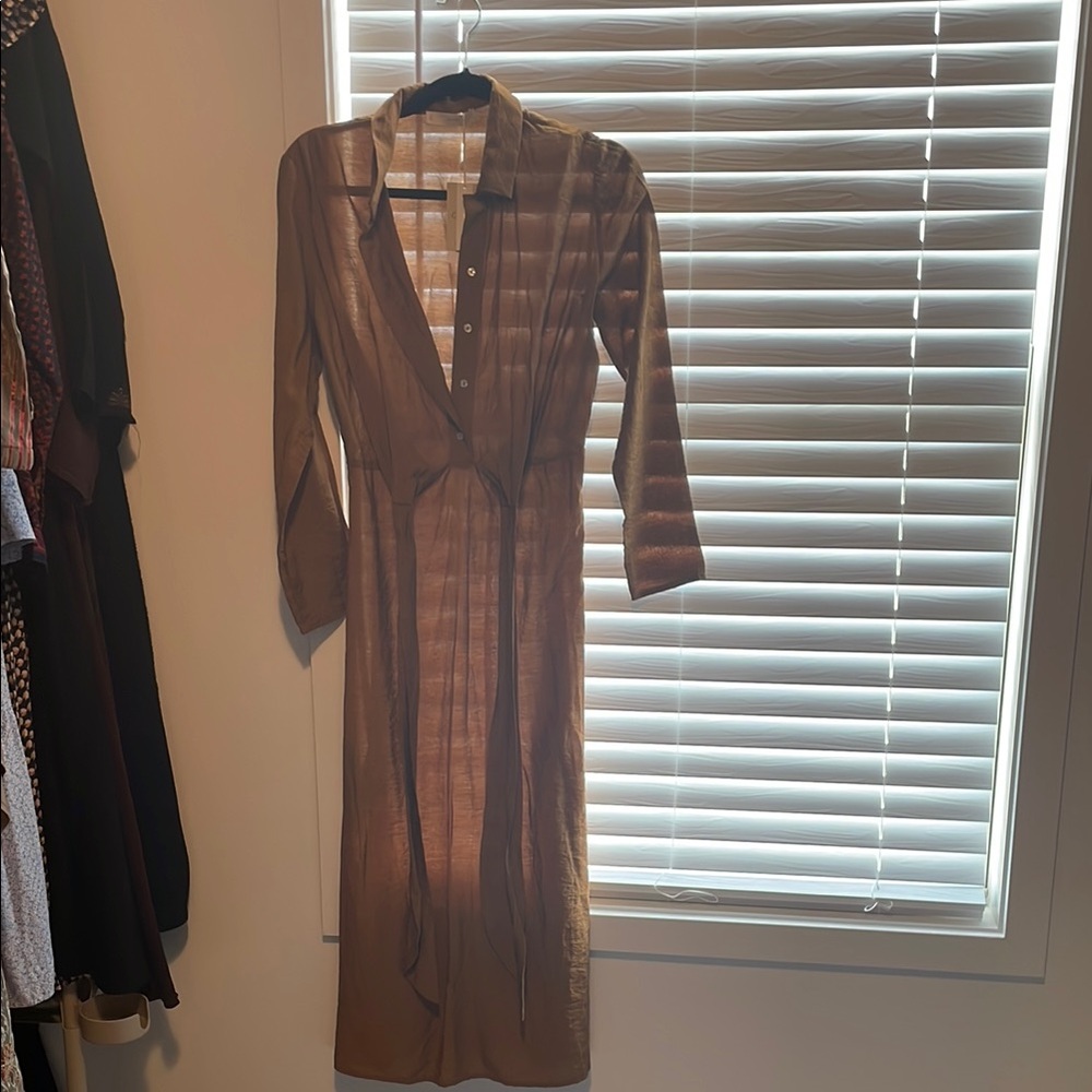 Mango Brown Tan Sheath Dress with Notched Collar